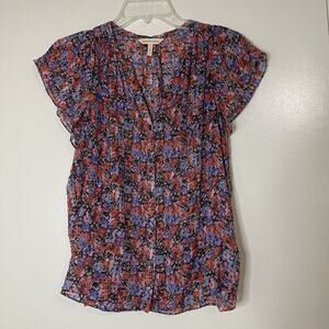 Rebecca Taylor blue red floral button front flutter sleeve blouse silk top US 0